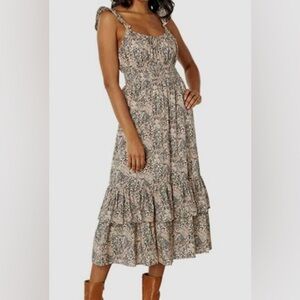 PAIGE Gisella Calico Midi Dress in Beige Floral | Size XS EUC